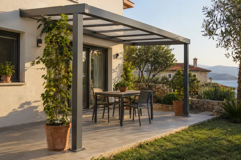 Bahçe terasında metal taşıyıcılı pergola
